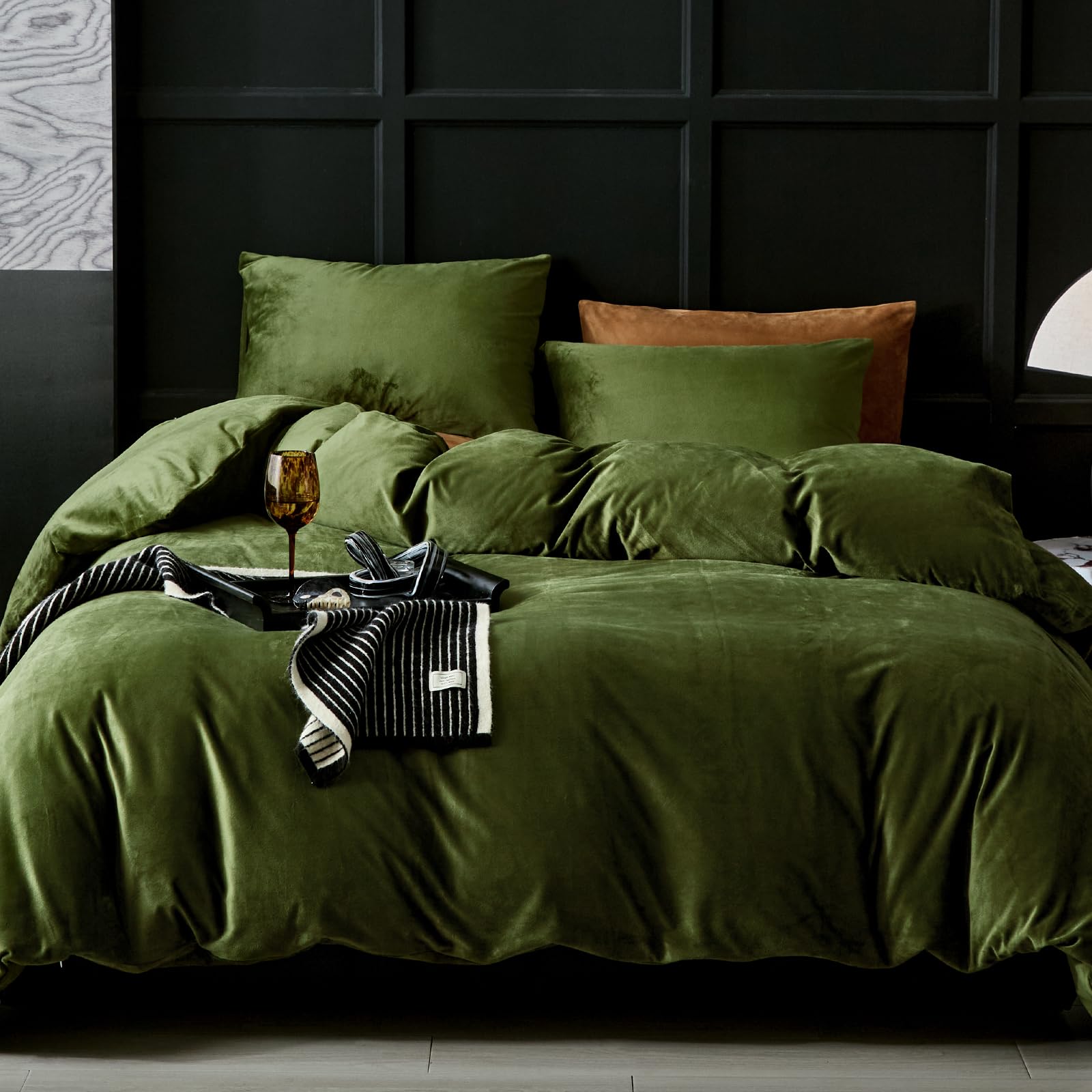 Warmdern Olive Green Velvet Duvet Cover Queen Size Flannel Duvet Cover Bedding Sets, 3Pcs Ultra Soft Luxury Textured Modern Crys